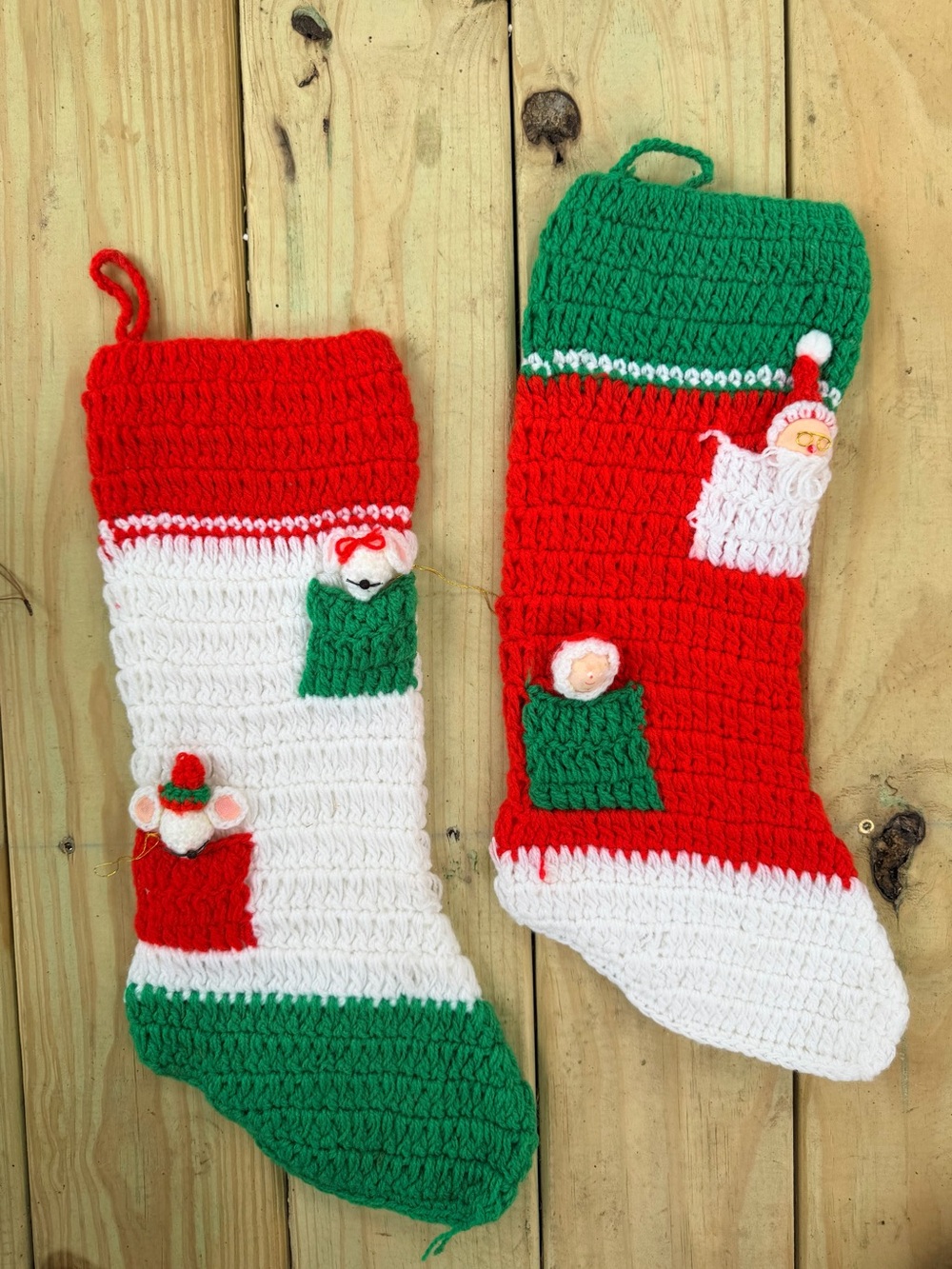 Handmade Crochet Christmas Stockings in Red, Green & White
